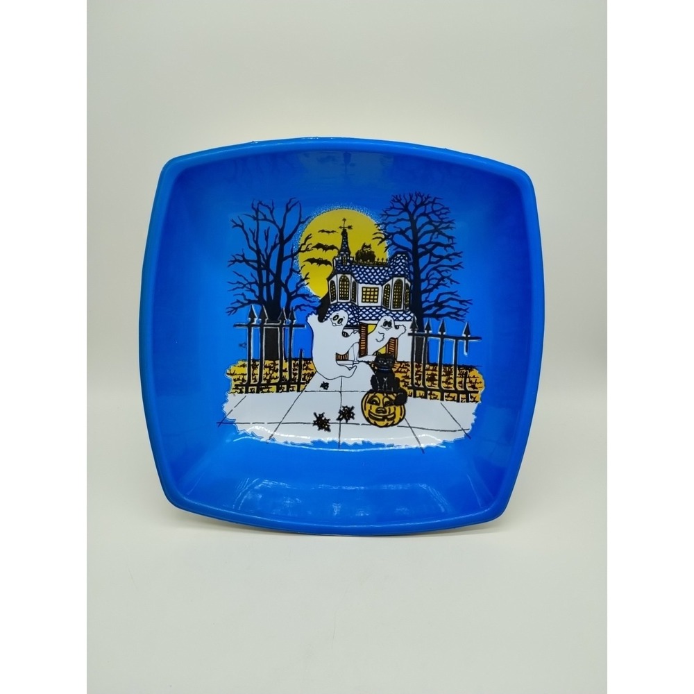 Vintage Berman Ind Halloween Candy Bowl Dish Black Cat Flying Ghosts Plastic